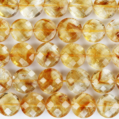 Citrine, 11mm Faceted Coin Round Gemstone, Vintage Rock Stone, Hole 1mm, 15.5inches, 36 Beads