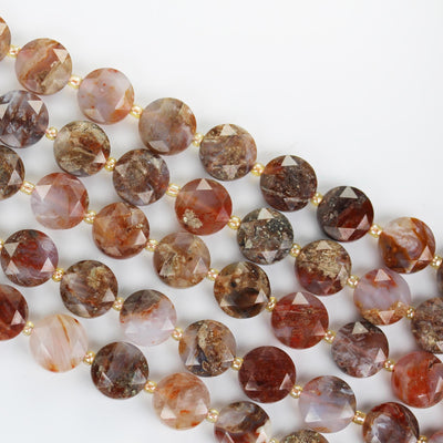 Natural Fire Agate, 12mm Faceted Coin Round Gemstone, Vintage Rock Stone, Hole 1mm, 15.5inches, 28 Beads