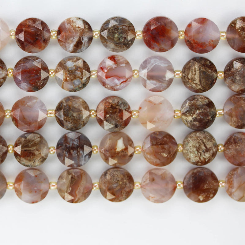 Natural Fire Agate, 12mm Faceted Coin Round Gemstone, Vintage Rock Stone, Hole 1mm, 15.5inches, 28 Beads