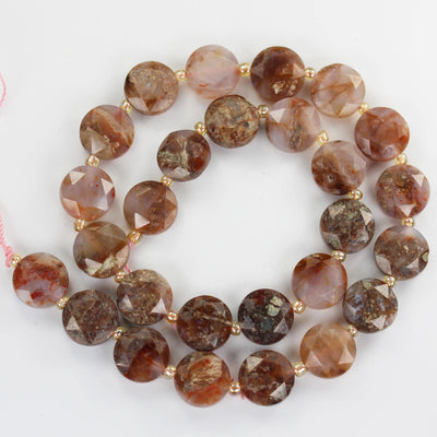 Natural Fire Agate, 12mm Faceted Coin Round Gemstone, Vintage Rock Stone, Hole 1mm, 15.5inches, 28 Beads