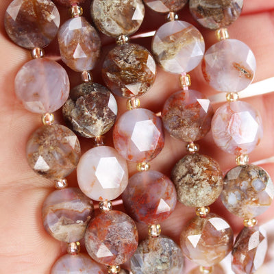 Natural Fire Agate, 12mm Faceted Coin Round Gemstone, Vintage Rock Stone, Hole 1mm, 15.5inches, 28 Beads