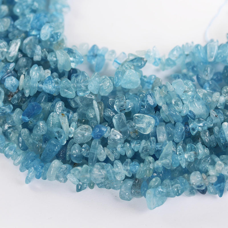 Aquamarine, 6-8mm natural nugget shape gemstone chips, one full strand , 16 inch , 1mm hole