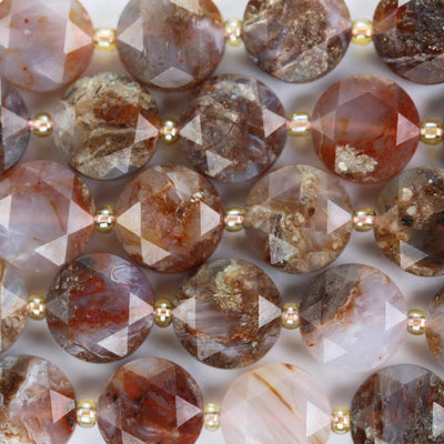 Natural Fire Agate, 12mm Faceted Coin Round Gemstone, Vintage Rock Stone, Hole 1mm, 15.5inches, 28 Beads