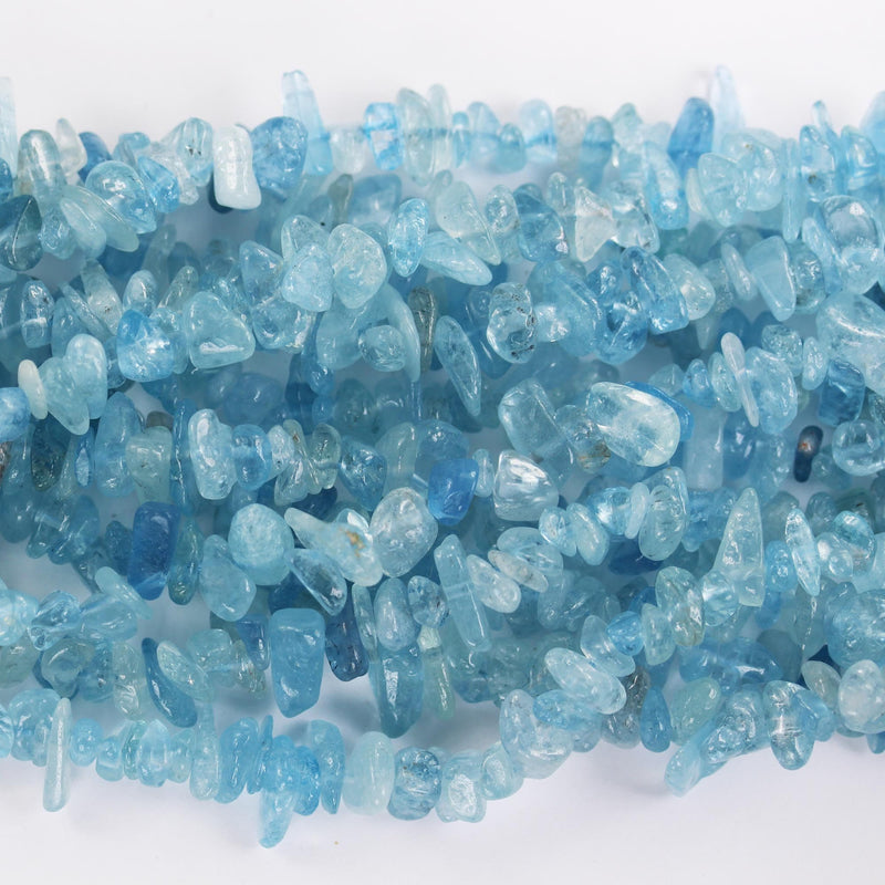 Aquamarine, 6-8mm natural nugget shape gemstone chips, one full strand , 16 inch , 1mm hole