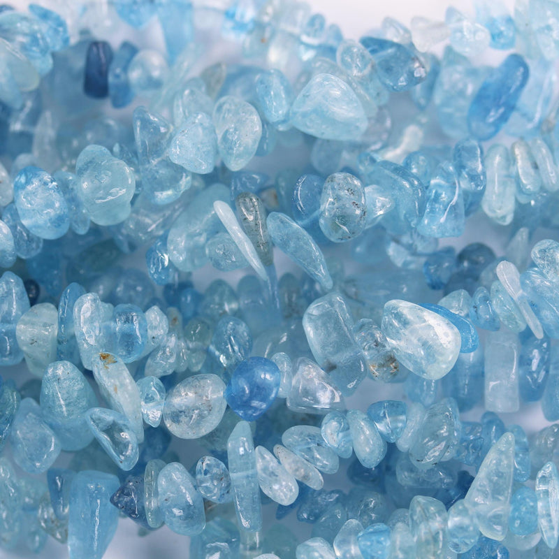 Aquamarine, 6-8mm natural nugget shape gemstone chips, one full strand , 16 inch , 1mm hole