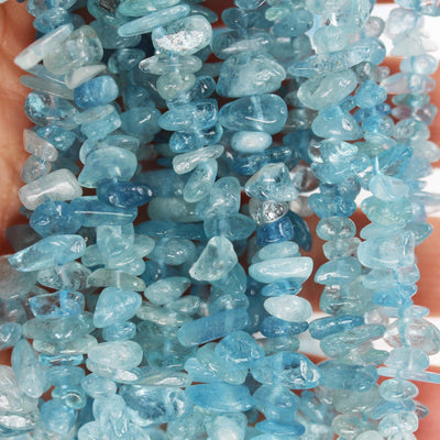 Aquamarine, 6-8mm natural nugget shape gemstone chips, one full strand , 16 inch , 1mm hole