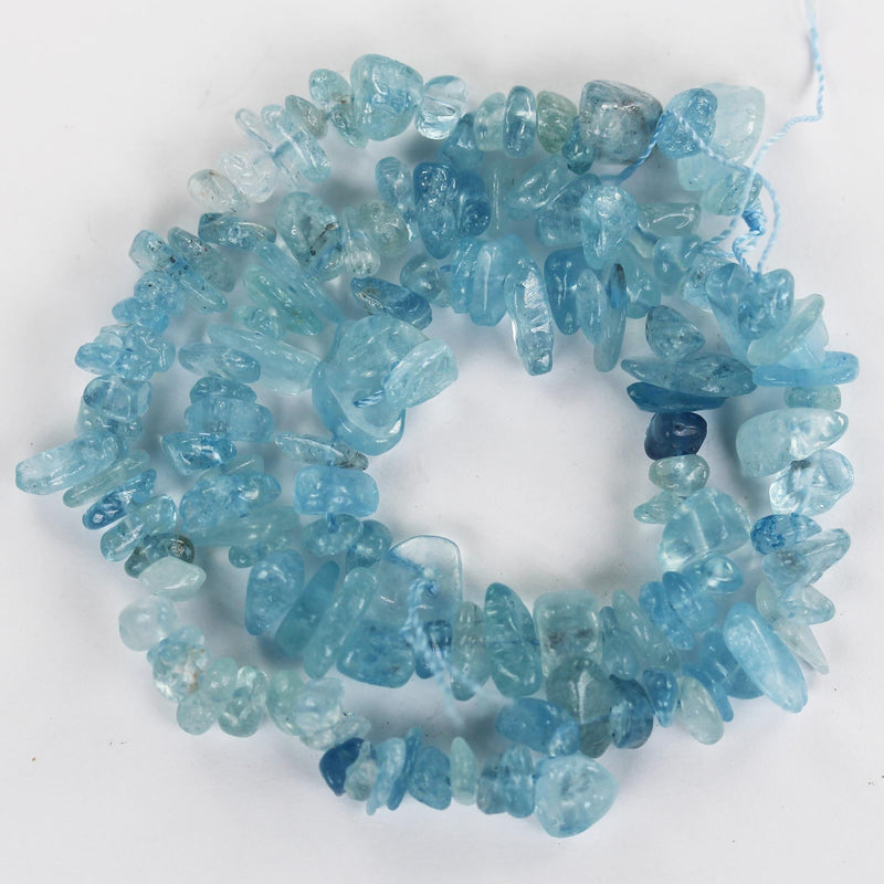 Aquamarine, 6-8mm natural nugget shape gemstone chips, one full strand , 16 inch , 1mm hole