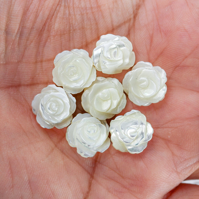 4pcs Natural Mother Of Pearl Shell Rose Beads, 12mm Round Side Drilled Carved Flower Shape 1mm Hole 6mm Thick