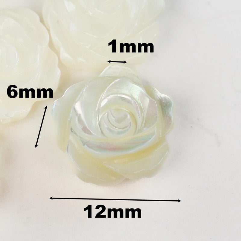 4pcs Natural Mother Of Pearl Shell Rose Beads, 12mm Round Side Drilled Carved Flower Shape 1mm Hole 6mm Thick