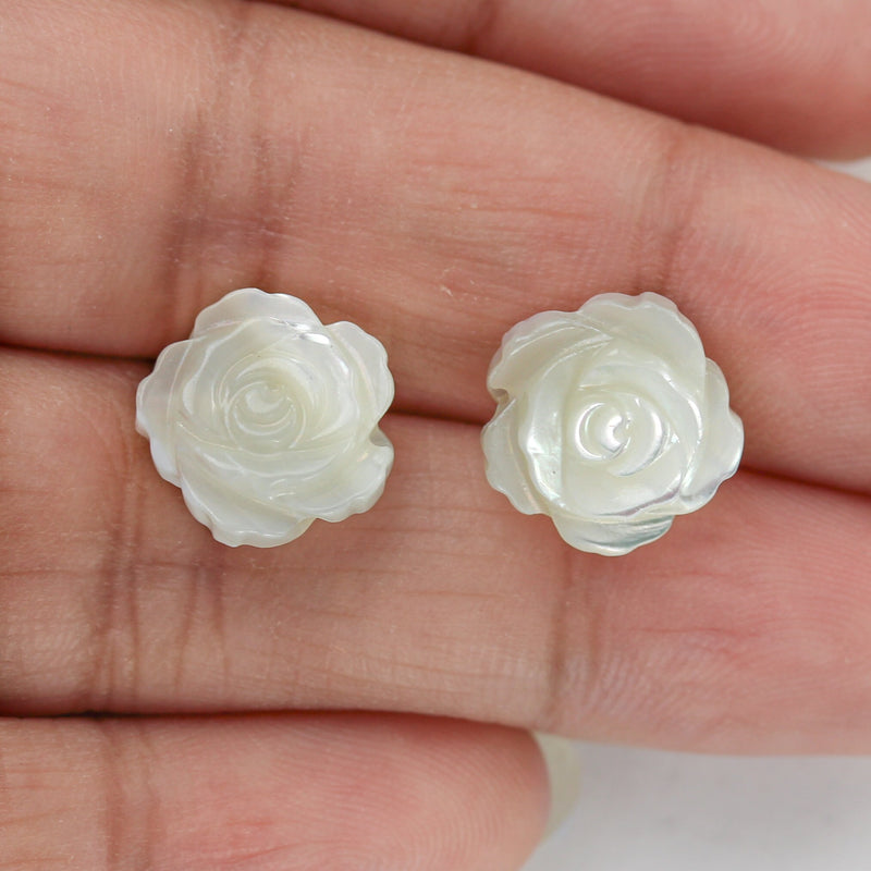 4pcs Natural Mother Of Pearl Shell Rose Beads, 12mm Round Side Drilled Carved Flower Shape 1mm Hole 6mm Thick