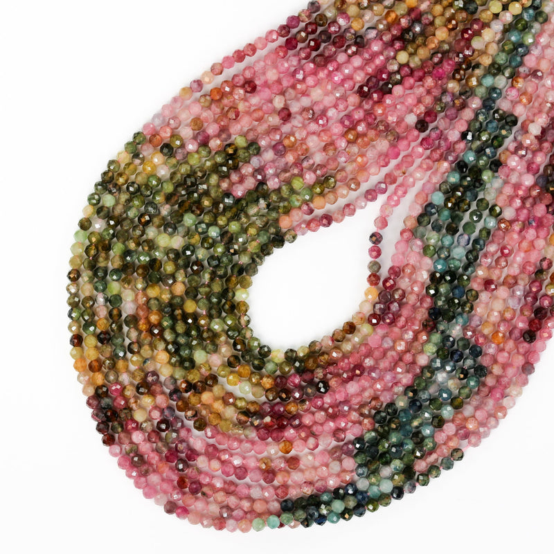 Tourmaline, 3mm Faceted Round Gemstone Beads,  Full Strand Colorful, 16inches, 0.5mm Hole, About  130 Beads