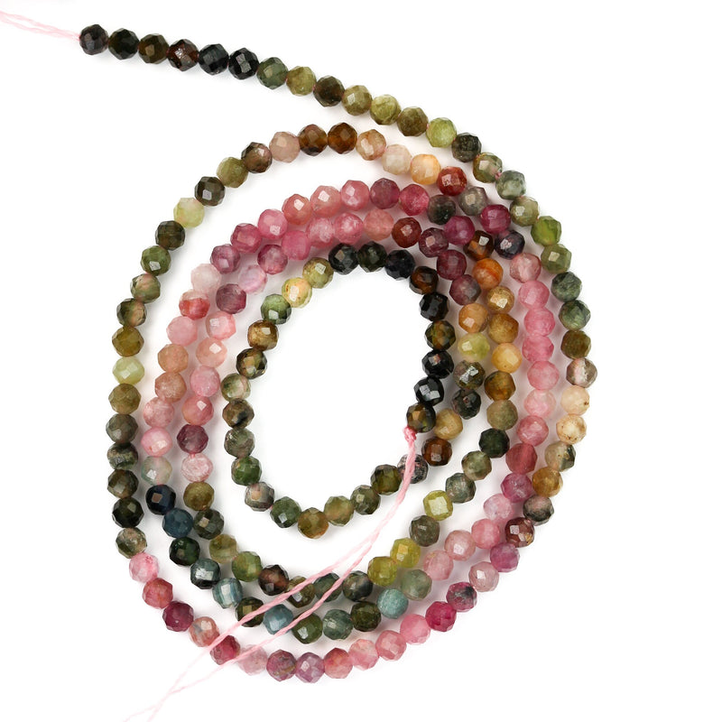 Tourmaline, 3mm Faceted Round Gemstone Beads,  Full Strand Colorful, 16inches, 0.5mm Hole, About  130 Beads