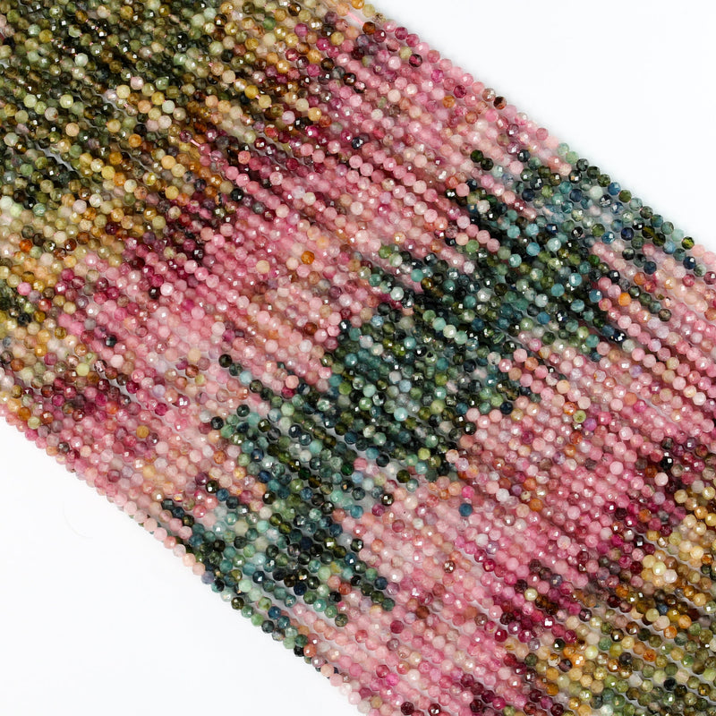 Tourmaline, 3mm Faceted Round Gemstone Beads,  Full Strand Colorful, 16inches, 0.5mm Hole, About  130 Beads