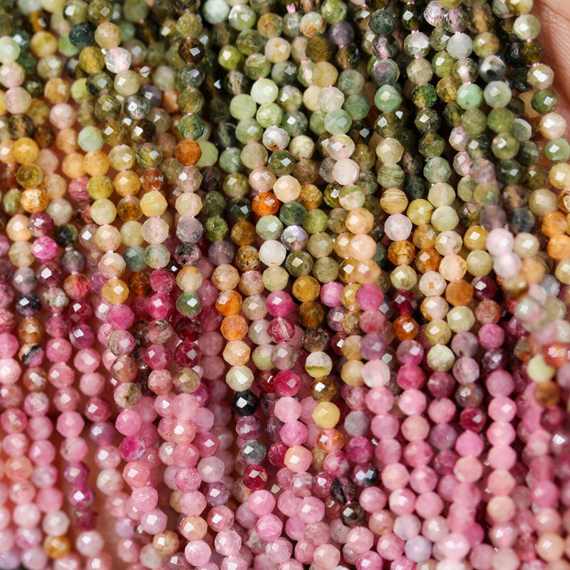 Tourmaline, 3mm Faceted Round Gemstone Beads,  Full Strand Colorful, 16inches, 0.5mm Hole, About  130 Beads