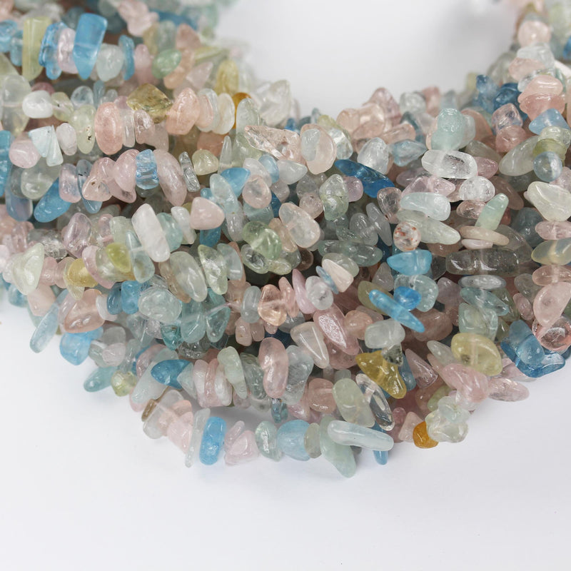 Beryl Mix: Aquamarine, Heliodor and Morganite, 6*8mm nugget shape mixed gemstone chips, one full strand  hole 1mm, 16"