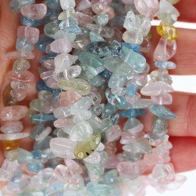 Beryl Mix: Aquamarine, Heliodor and Morganite, 6*8mm nugget shape mixed gemstone chips, one full strand  hole 1mm, 16"