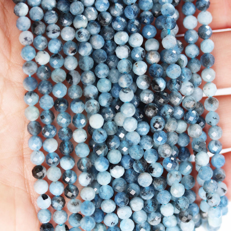 Natural Aquamarine, 4mm faceted round natural  gemstone beads, 15.5", 0.6mm hole, about 90 beads