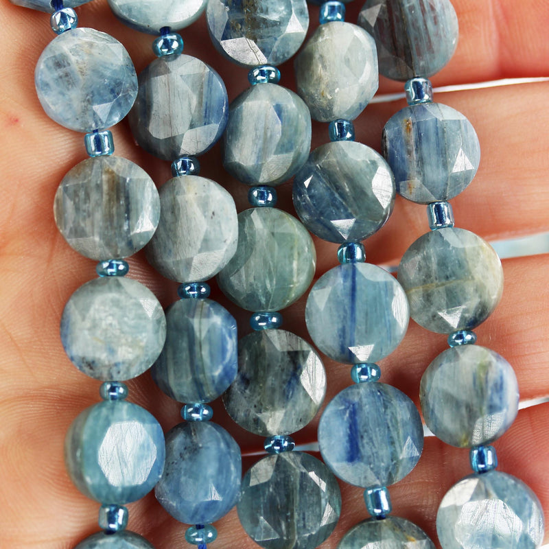 Natural Kyanite, 11mm Faceted Coin Round Gemstone, Vintage Rock Stone, Hole 1mm, 15.5inches, 30 Beads