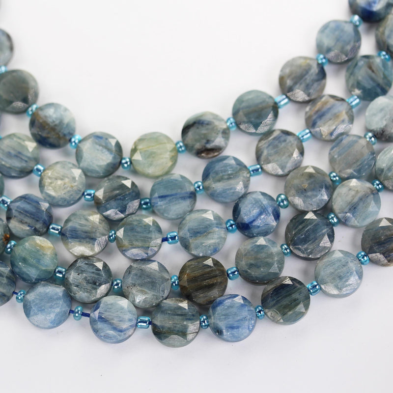 Natural Kyanite, 11mm Faceted Coin Round Gemstone, Vintage Rock Stone, Hole 1mm, 15.5inches, 30 Beads