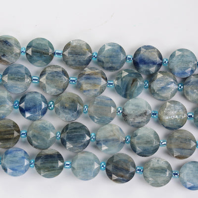 Natural Kyanite, 11mm Faceted Coin Round Gemstone, Vintage Rock Stone, Hole 1mm, 15.5inches, 30 Beads