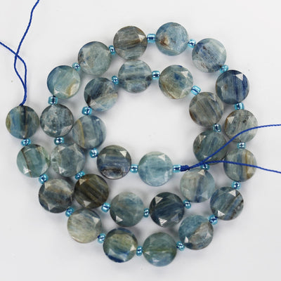 Natural Kyanite, 11mm Faceted Coin Round Gemstone, Vintage Rock Stone, Hole 1mm, 15.5inches, 30 Beads