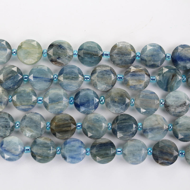 Natural Kyanite, 11mm Faceted Coin Round Gemstone, Vintage Rock Stone, Hole 1mm, 15.5inches, 30 Beads