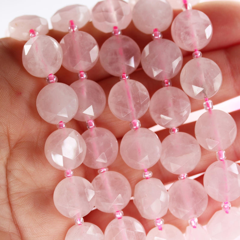 Natural Rose Quartz, 12mm Faceted Coin Round Gemstone, Vintage Rock Stone, Hole 1mm, 15.5inches, 28 Beads