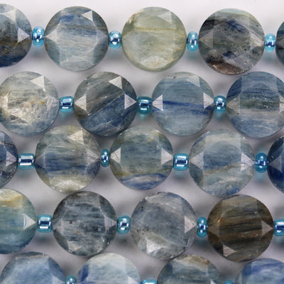 Natural Kyanite, 11mm Faceted Coin Round Gemstone, Vintage Rock Stone, Hole 1mm, 15.5inches, 30 Beads