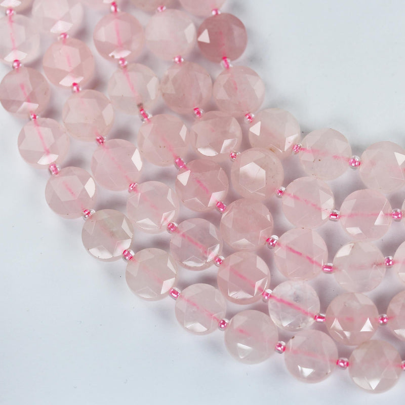 Natural Rose Quartz, 12mm Faceted Coin Round Gemstone, Vintage Rock Stone, Hole 1mm, 15.5inches, 28 Beads