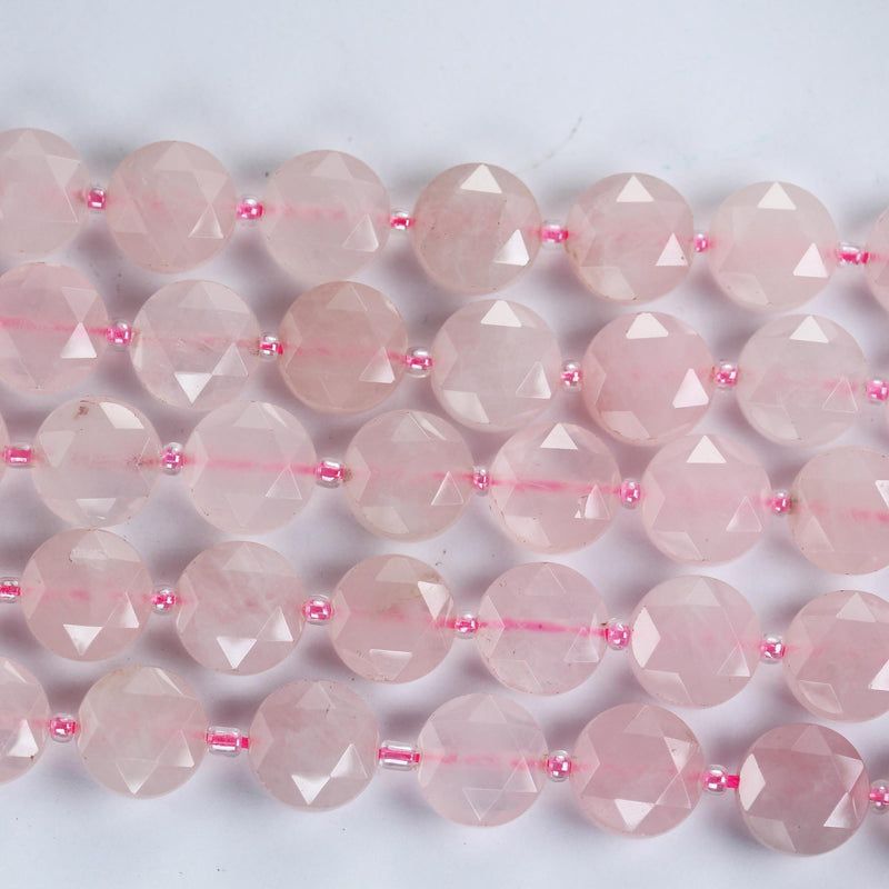 Natural Rose Quartz, 12mm Faceted Coin Round Gemstone, Vintage Rock Stone, Hole 1mm, 15.5inches, 28 Beads