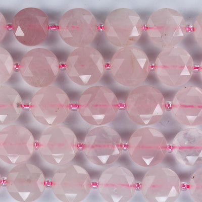 Natural Rose Quartz, 12mm Faceted Coin Round Gemstone, Vintage Rock Stone, Hole 1mm, 15.5inches, 28 Beads