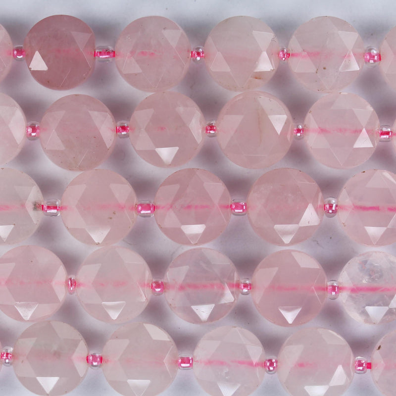 Natural Rose Quartz, 12mm Faceted Coin Round Gemstone, Vintage Rock Stone, Hole 1mm, 15.5inches, 28 Beads