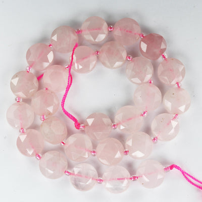 Natural Rose Quartz, 12mm Faceted Coin Round Gemstone, Vintage Rock Stone, Hole 1mm, 15.5inches, 28 Beads