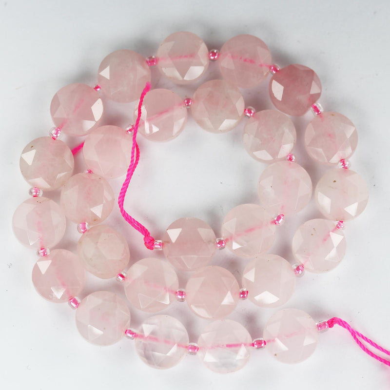 Natural Rose Quartz, 12mm Faceted Coin Round Gemstone, Vintage Rock Stone, Hole 1mm, 15.5inches, 28 Beads