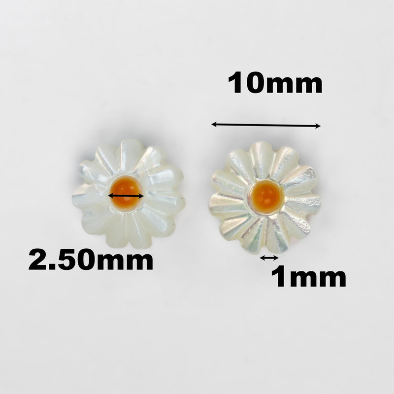 4pcs Natural Shiny Mother Of Pearl Shell Daisy Beads, 10mm Round Side Drilled Carved Flower Shape 1mm Hole Double Sided