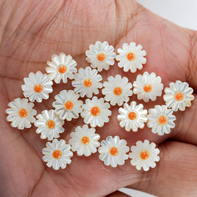 4pcs Natural Shiny Mother Of Pearl Shell Daisy Beads, 10mm Round Side Drilled Carved Flower Shape 1mm Hole Double Sided