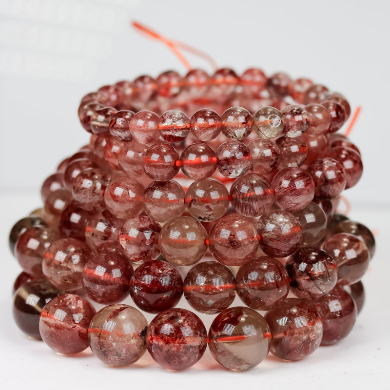 Natural Red Rutilated Phantom Quartz, Round Clear/Red Gemstone Bracelet, 7mm/8mm/9mm/11mm/12mm/14mm, Hole 1mm