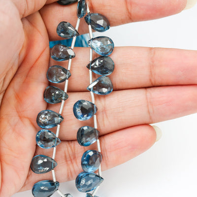 10mm*7mm Natural London Blue Topaz, Teardrop Shaped Gemstone, Loose Faceted Beads, 3.50mmm Thick. Top Drilled, 2pcs Beads