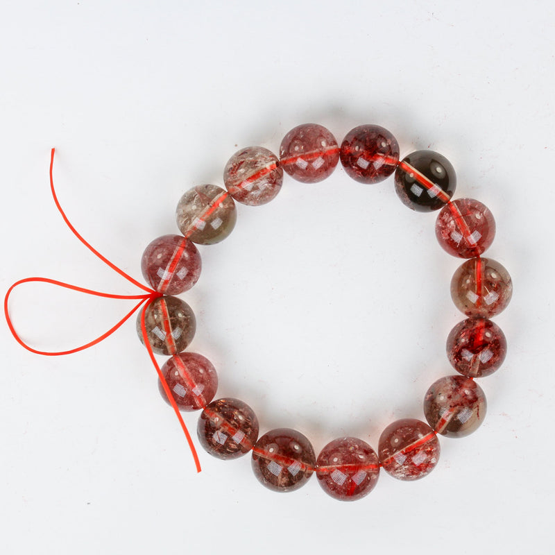 Natural Red Rutilated Phantom Quartz, Round Clear/Red Gemstone Bracelet, 7mm/8mm/9mm/11mm/12mm/14mm, Hole 1mm