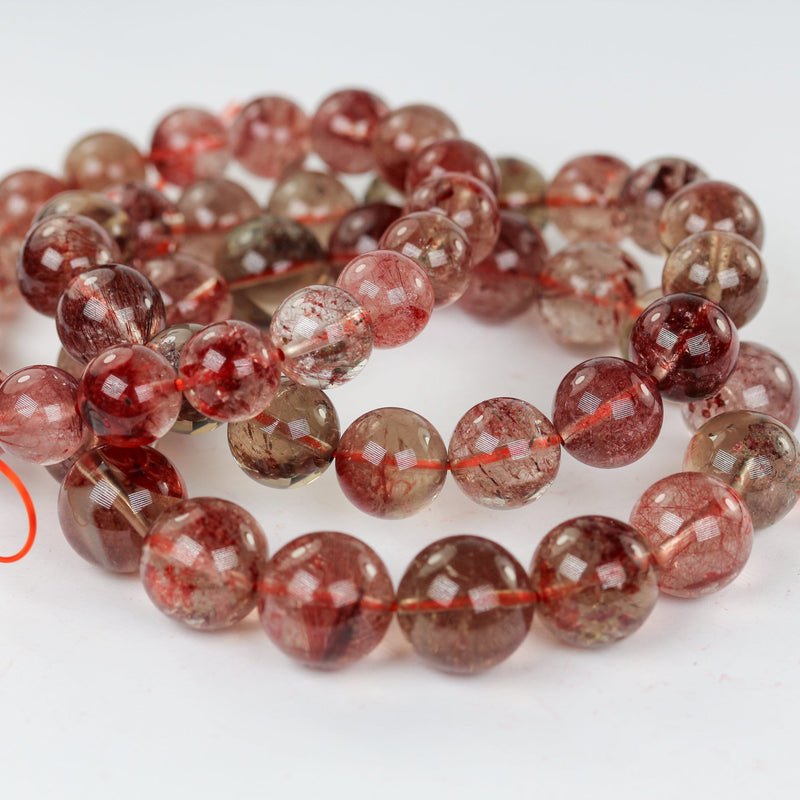 Natural Red Rutilated Phantom Quartz, Round Clear/Red Gemstone Bracelet, 7mm/8mm/9mm/11mm/12mm/14mm, Hole 1mm