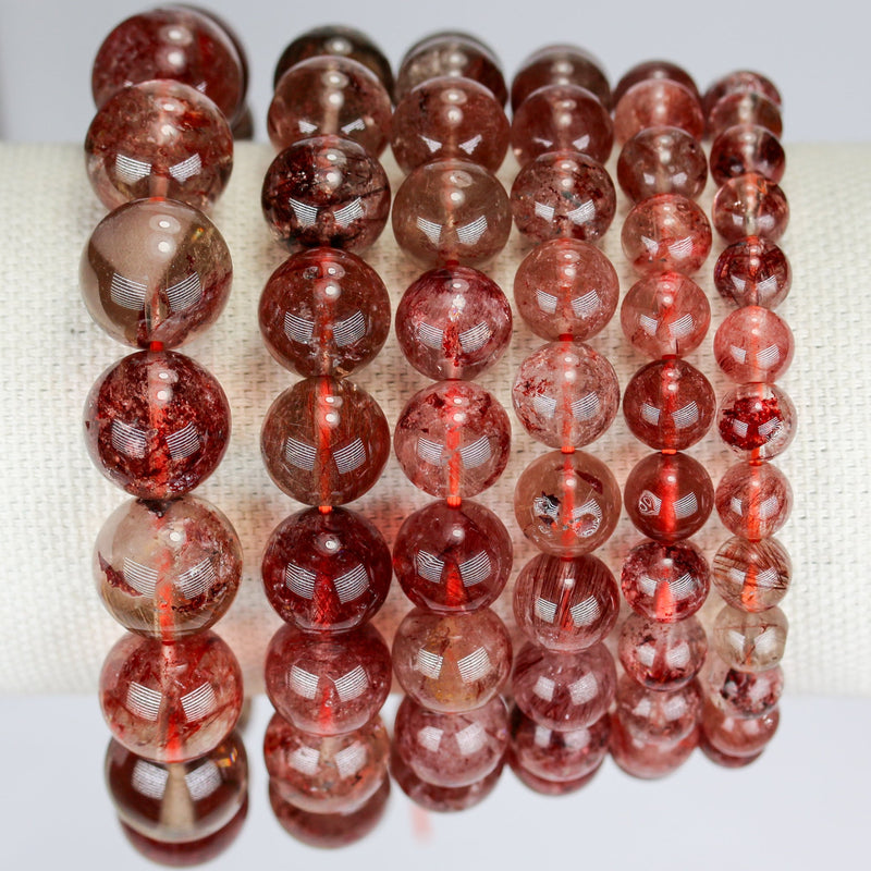 Natural Red Rutilated Phantom Quartz, Round Clear/Red Gemstone Bracelet, 7mm/8mm/9mm/11mm/12mm/14mm, Hole 1mm