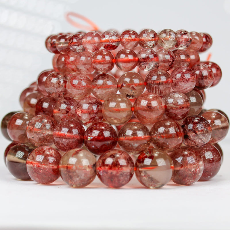 Natural Red Rutilated Phantom Quartz, Round Clear/Red Gemstone Bracelet, 7mm/8mm/9mm/11mm/12mm/14mm, Hole 1mm