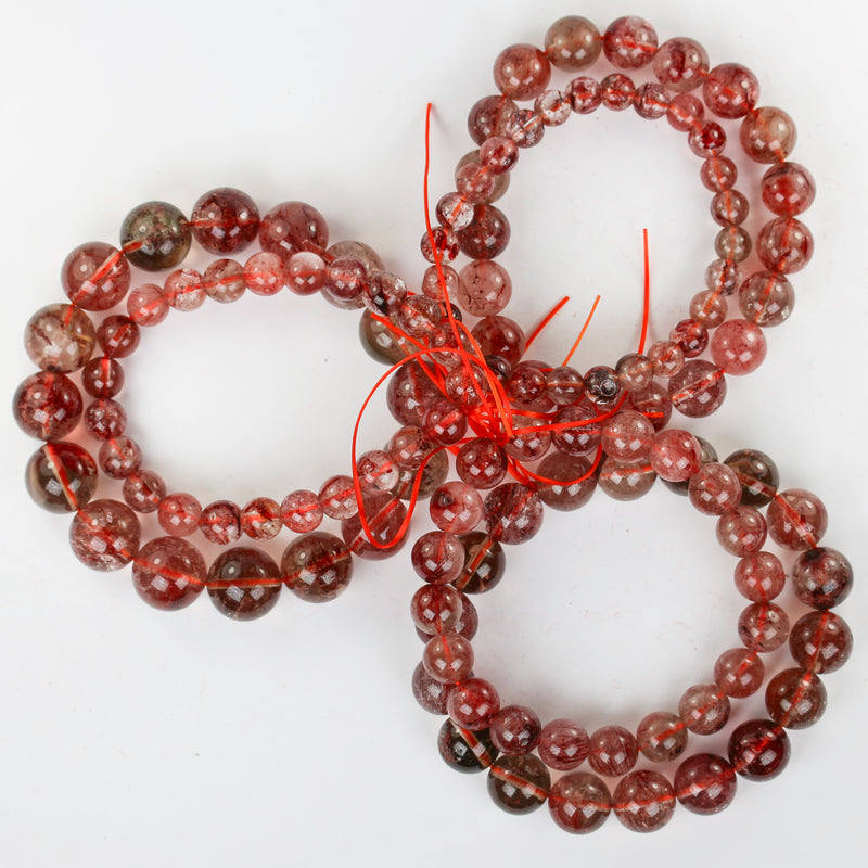 Natural Red Rutilated Phantom Quartz, Round Clear/Red Gemstone Bracelet, 7mm/8mm/9mm/11mm/12mm/14mm, Hole 1mm