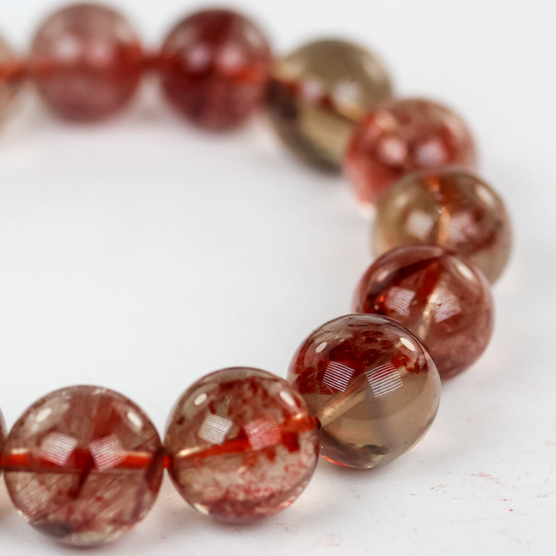 Natural Red Rutilated Phantom Quartz, Round Clear/Red Gemstone Bracelet, 7mm/8mm/9mm/11mm/12mm/14mm, Hole 1mm