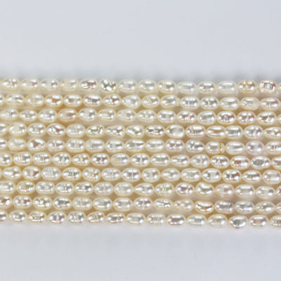 Freshwater Pearl Strand, White, 3.8mm*5.5mm potato shape, 14 inches, 0.6mm hole, about 65pcs pearl