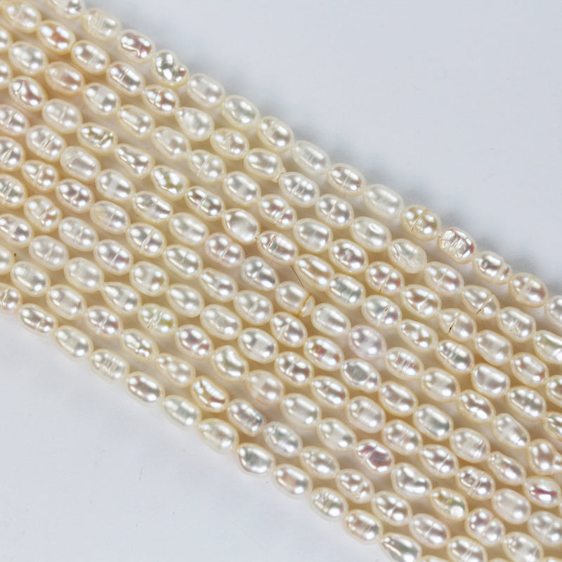 Freshwater Pearl Strand, White, 3.8mm*5.5mm potato shape, 14 inches, 0.6mm hole, about 65pcs pearl