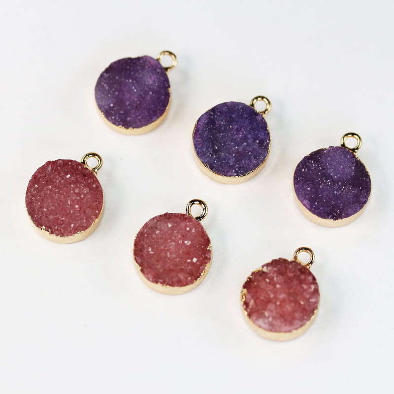 2pcs 12mm dyed druzy crystal round mineral gemstone pendant with gold plated loop