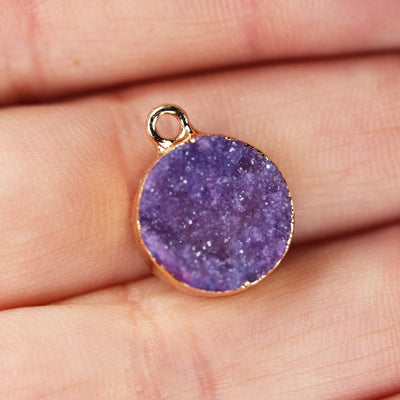 2pcs 12mm dyed druzy crystal round mineral gemstone pendant with gold plated loop