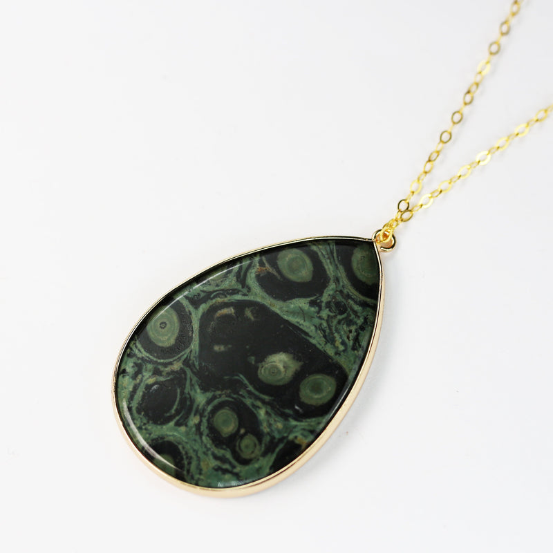 Natural Kambaba Jasper Pendant, Gold Plated Teardrop Shape Gemstone Pendant with Loop, 50mm*35mm