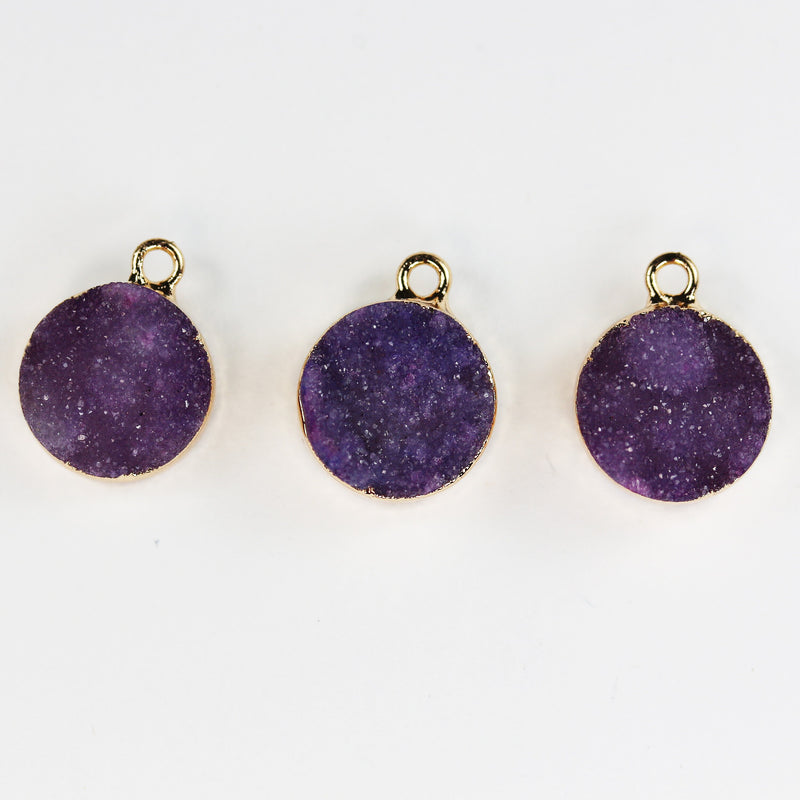 2pcs 12mm dyed druzy crystal round mineral gemstone pendant with gold plated loop